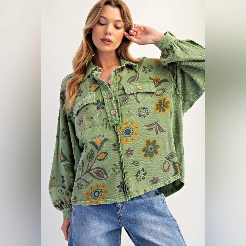 Easel Floral Boho Pullover Top Oversized Shabby Chic Colorful Long Sleeve Beach